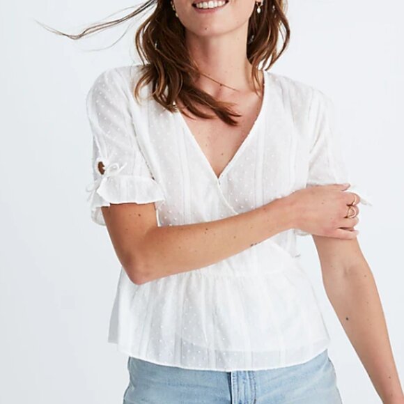 Madewell Tie Sleeve Wrap Top in Swiss Dot - Picture 1 of 4